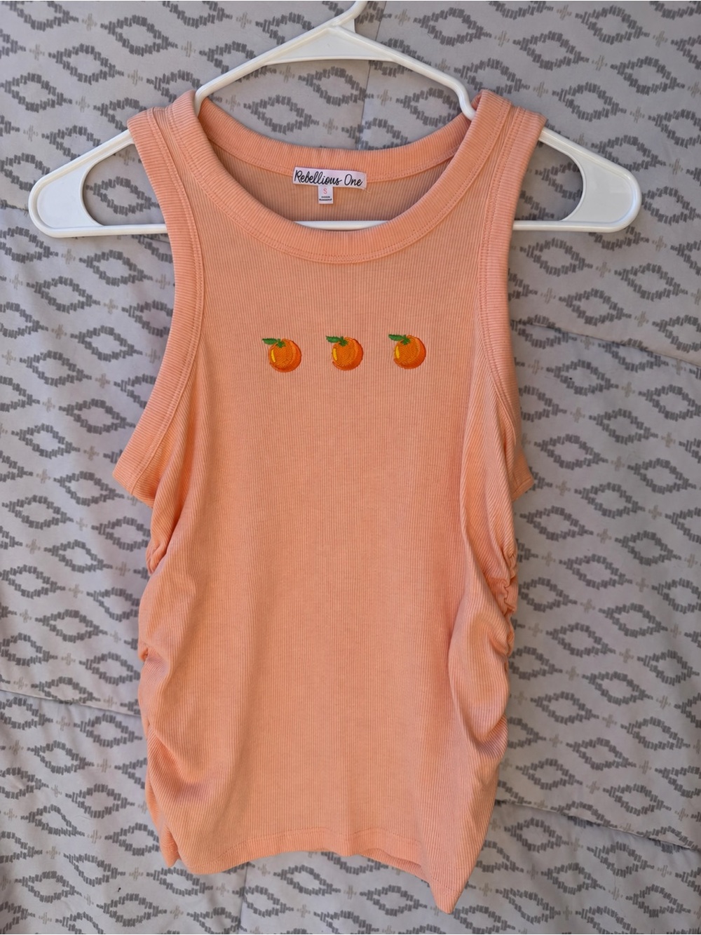 Rebellious One Peach Tank Top with Orange Embroidery